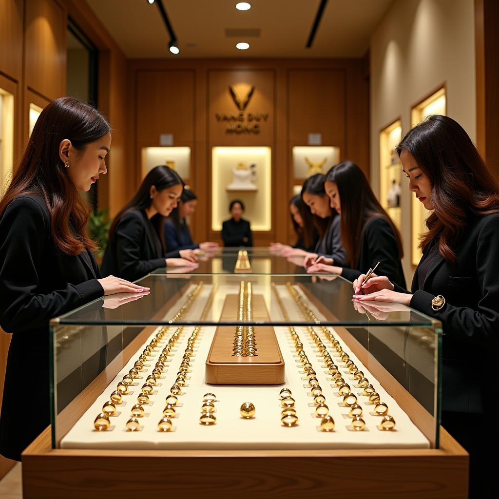 Cửa hàng Vàng Duy Mong trưng bày đa dạng mẫu nhẫn vàng 18k, không gian sang trọng, chuyên nghiệp.